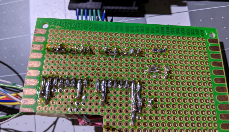 Underside of the PCB, showing the solder connections.